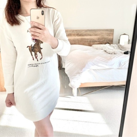 Ralph Lauren Ivory White Polo Bear on Horse Cotton Fleece Sweatshirt Tunic Dress - Picture 2 of 12